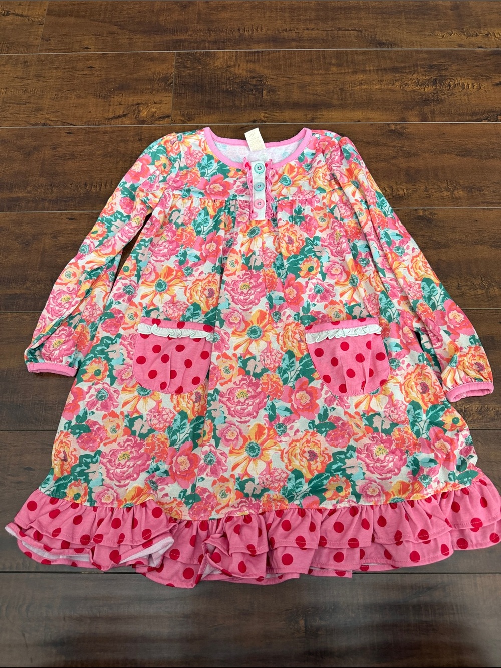 Matilda Jane Pink Floral Long Sleeve Nightgown with Polka Dot Pockets